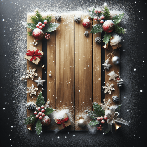 a vertical christmas wooden board with snow, and decorations on its sides Background image. High contrast. No shadows.