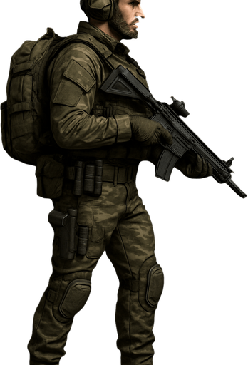 Komando, yazısız, gerçekçi, yandan görünüm, bütün vücudu görünsün.
In-Game asset.  High contrast.  No shadows