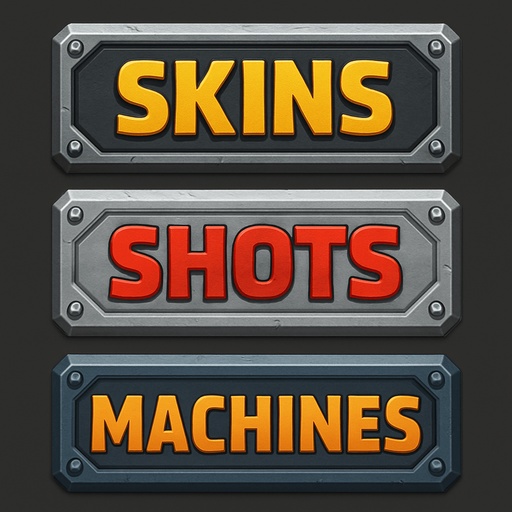 pack of different 3 buttons "skins""shots""machines", metal texture, different color for metal and for text.
In-Game asset.  2d.  High contrast.  No shadows
