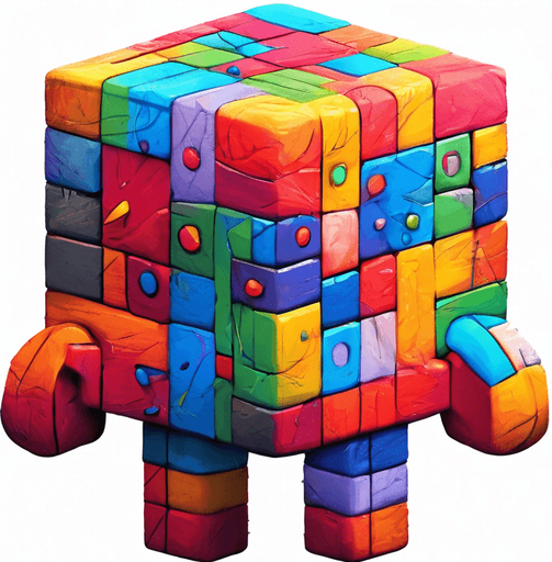 A little cube person. 2 legs. back to viewer. facing 45 degrees to the right. multicoloured skin, cartoon style.  Holding a big arrow point at 45 degress up