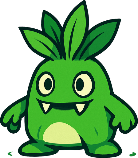 Um monstrinho do tipo grama inspirado em Pokémon e Digimon e planta vs zombie.
In-Game asset.  2d.  High contrast.  No shadows