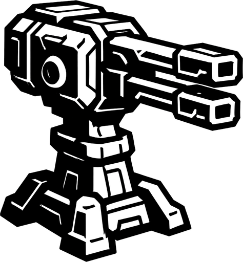 torreta futurista en escala de grises con aspecto default.
In-Game asset.  2d.  High contrast.  No shadows