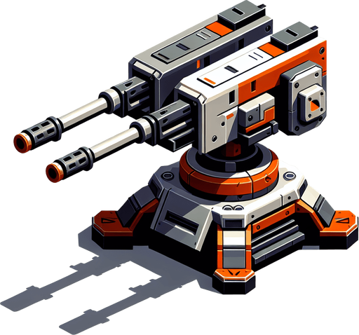 turret.
Single Game Texture. In-Game asset. 2d. Blank background. High contrast. No shadows.
less futuristic orange and silver colored shoots normal bullets two rifles
