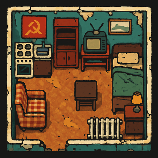 A 80's Soviet apartment, slightly ruined but in use.
In-Game asset.  2d.  High contrast.  No shadows. Top down view