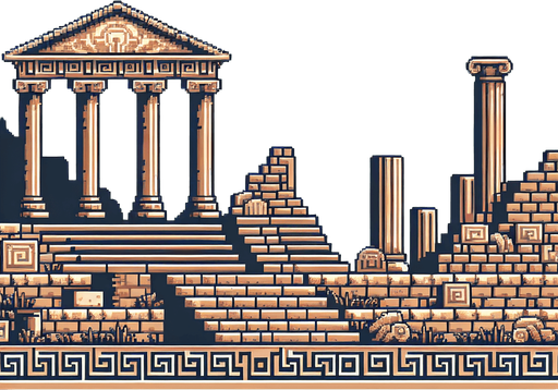Ancient greece background pixel style ruins.
Single Game Texture.  In-Game asset.  2d.  Blank background.  High contrast.  No shadows