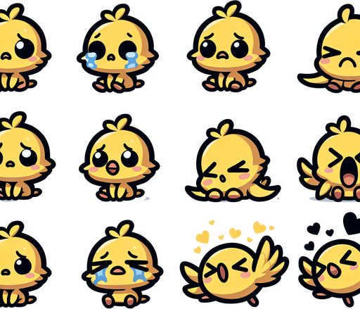 Spritesheet of a little yellow bird, sad and happy, sitting and flying..
Single Game Texture. In-Game asset. 2d. Blank background. High contrast. No shadows.