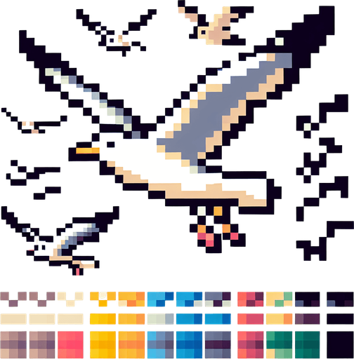 Flying seagull, 2d, pixel art.
Single Game Texture. In-Game asset. 2d. Blank background. High contrast. No shadows.