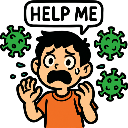 a scared kid from corona virus say help me.
In-Game asset.  2d.  High contrast.  No shadows