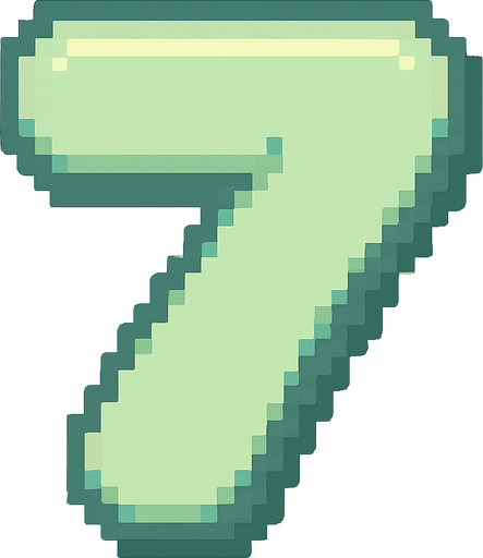 A pixel art number "7" designed for a cozy, cute retro 2D game UI with a bird theme. The number is rendered in soft pastel light green tones to harmonize with the gentle and sweet aesthetic of the game. It has a clean, simple, and rounded pixel style with no harsh edges, fitting perfectly within the pixel art UI style. The number is bold and easily readable at small sizes..
In-Game asset.  2d.  High contrast.  No shadows. pixel art. retro. 2d ui. number. pastel light green. simple. rounded edges. bold. cute. minimal
