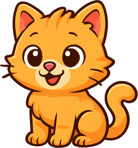 A cute cartoon-style cat character for a mobile game. Soft fluffy fur, big round eyes, small triangular ears, pink nose, and a curled tail. Light gray or orange color, standing or sitting with a playful and happy expression. High-quality digital illustration with a simple, colorful background. Ideal for a fun and friendly kids game.”.
In-Game asset.  2d.  High contrast.  No shadows. cartoon style