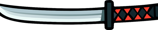 Draw a 2D side-view katana with a sleek silver blade and a black-and-red hilt, in a flat cartoon style suitable for an action game. The sword should be horizontal with a transparent background.
In-Game asset.  2d.  High contrast.  No shadows