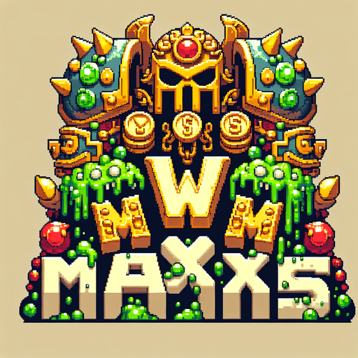 The words ‘Max vs Monsters’ in a pixel font. Max big on top, vs little in the middle, Monsters big on the bottom. Slime dripping from the bottom of monsters. The word Max is made out of armor and has gold coins and jewels around it. 
Single Game Texture.  In-Game asset.  2d.  Blank background.  High contrast.  No shadows