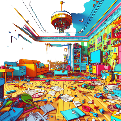 dağınık bir oturma odası, odanın içinden görünüm. 3d renkli anime, çizgi film