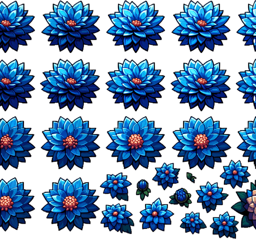 A sprite sheet of different blue dahlia seen from above. Cartoon. All similar size. Just the blossom. Bold colors and shading. 
Single Game Texture. In-Game asset. 2d. Blank background. High contrast. No shadows.