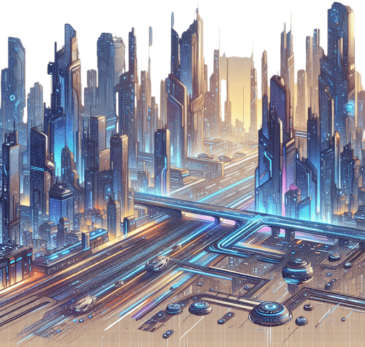 futuristic city background.
Single Game Texture. In-Game asset. 2d. Blank background. High contrast. No shadows.