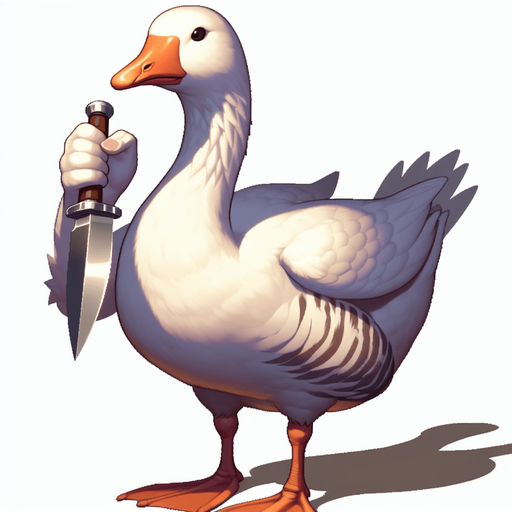 Goose with a knife.
Single Game Texture.  In-Game asset.  2d.  Blank background.  High contrast.  No shadows