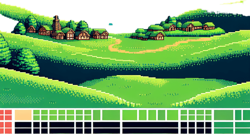 A 16 bit pixel art horizon line of a pastural hobbit village. A beautiful verdant village in the distance with rolling hills and blue skies.
Single Game Texture. In-Game asset. 2d. Blank background. High contrast. No shadows.