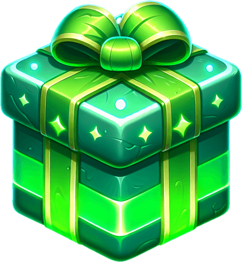 Christmas gift beautifully wrapped in green glowing wrapping paper Single Game Texture. In-Game asset. 2d. Blank background. High contrast. No shadows.