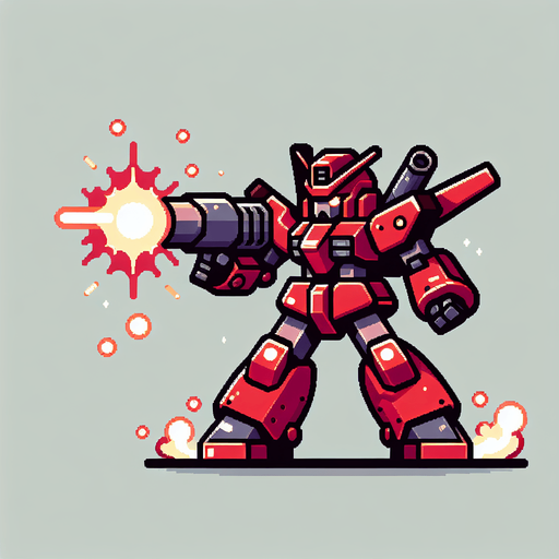 red robot look like gundam shoot enemy.
Single Game Texture.  In-Game asset.  2d.  Blank background.  High contrast.  No shadows