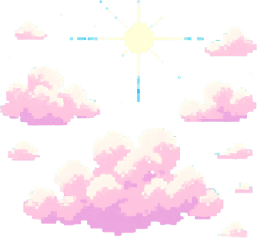 Bright day sky, cotton candy clouds, clear blue background, sun rays, cheerful mood, 2D pixel art.
In-Game asset.  2d.  High contrast.  No shadows
