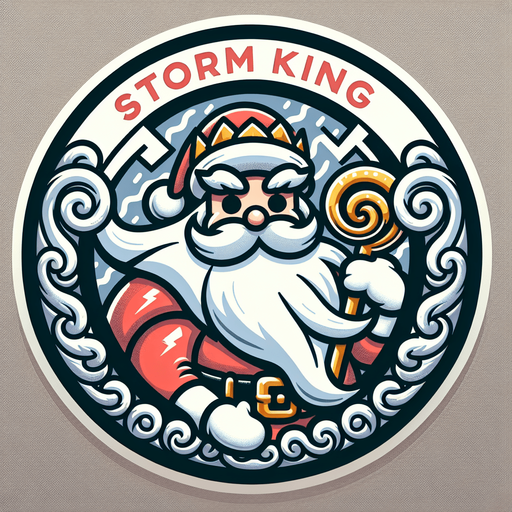 Icon for a santa as a storm king on a circle, with the text „Storm King“ at top, cartoon, christmas style Single Game Texture. In-Game asset. 2d. Blank background. High contrast. No shadows.