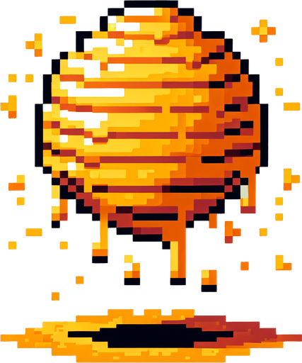 pixelart.a large yellow beehive hanging in the air, dripping from honey..
Single Game Texture. In-Game asset. 2d. Blank background. High contrast. No shadows.
