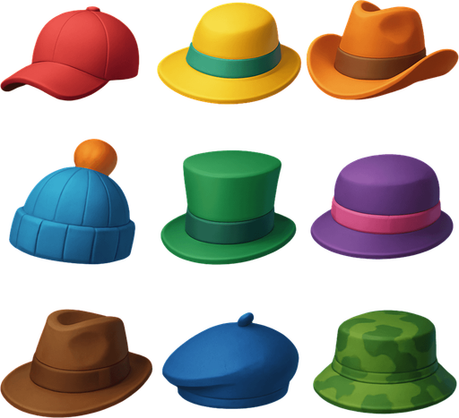 Pack of different hats.
In-Game asset.  High contrast.  No shadows. 3D
