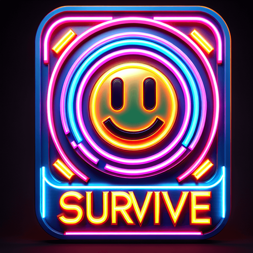 retro sign that says "Survive" with an face symbol in neon colors...
Single Game Texture. In-Game asset. 2d. Blank background. High contrast. No shadows.