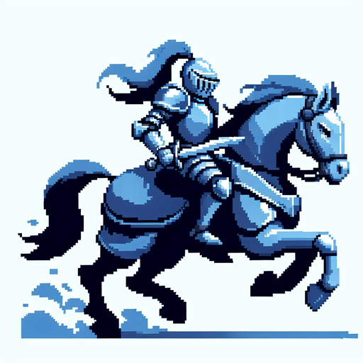 2d 16 bit image the blue knight ride armored grey horse run mode. horizontal image.
Single Game Texture.  In-Game asset.  2d.  Blank background.  High contrast.  No shadows