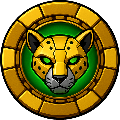 Change the image of a shield in the center into a robotic cheetah head. Change the background color in the center to green.