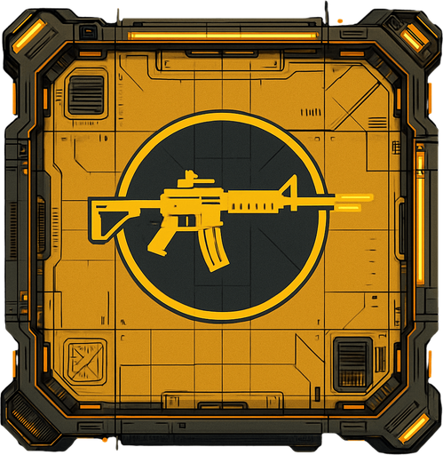 2D Top floor of complicated tower facing the screen to use it as a grid. future. Cyberpunk. abstract. seen from above. HD colors. Yellow & brown colors. No Diagonal assets. Big logo of a Rifle firing on the middle of it.