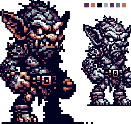 2d pixel goblin.
Single Game Texture. In-Game asset. 2d. Blank background. High contrast. No shadows.