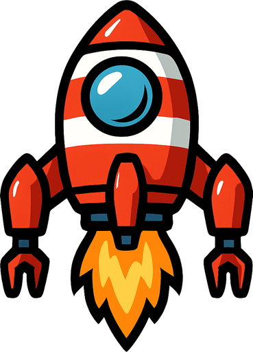 one windowed red and white space ship with 4 legs with flame under it.
In-Game asset.  2d.  High contrast.  No shadows