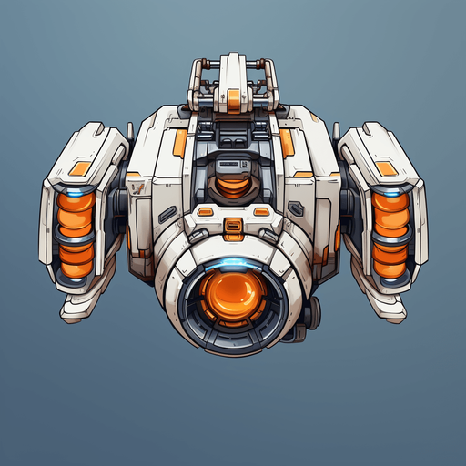 Hero spaceship facing upwards, with a single cannon in the center.
Game Texture. In-Game asset. 2d. Pixelart. White background. Blank background. Low detail. High contrast.