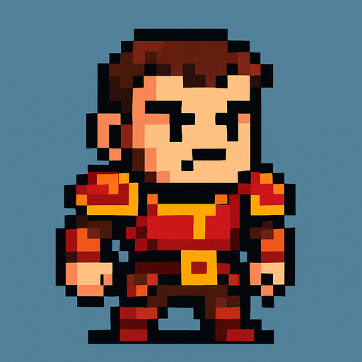 Genera una imagen de un guerrero pixel, sin armas, y que tenga la cabeza un poco más grande que el cuerpo tipo pixel.
In-Game asset.  2d.  High contrast.  No shadows