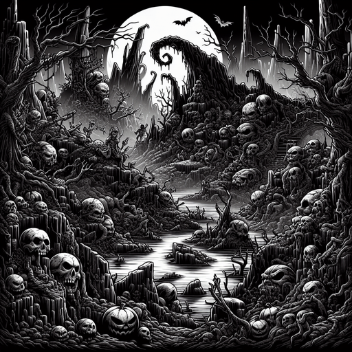 Generate a high quality cartoon background Halloween image on a black canvas similar to the format of where is waldo with a hellish environment.
Single Game Texture. In-Game asset. 2d. Blank background. High contrast. No shadows.