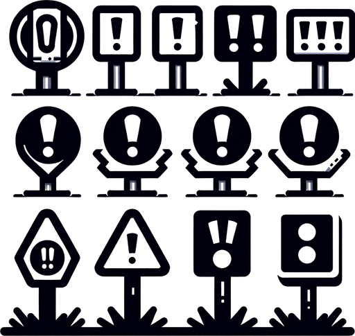 A sprite sheet of signs with exclamation points on them.
Single Game Texture. In-Game asset. 2d. Blank background. High contrast. No shadows.