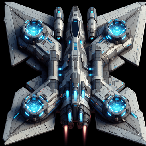 A 2D top-down view of a futuristic player spaceship with a streamlined silver and blue body, glowing thrusters, and dual laser cannons. The design is sleek and modern for a space shooter game.
Single Game Texture.  2d.  Blank background.  High contrast.  No shadows