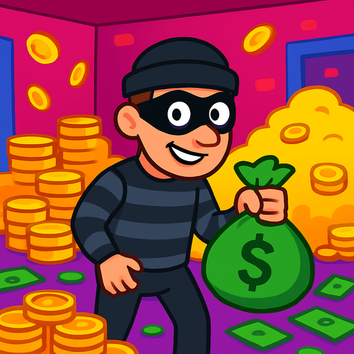 Bu bir oyun menüsü arkaplanı, elinde para çantası tutan 2d bir hırsız altınlar ve paraların olduğu bir odada ekrana bakıyor. canlı renkler.
In-Game asset.  2d.  High contrast.  No shadows