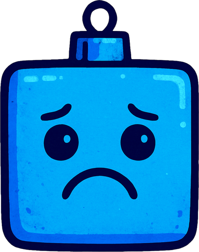 a sad Perfectly square bright blue Christmas decoration.
In-Game asset.  2d.  High contrast.  No shadows