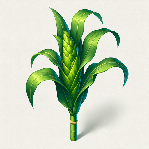 A young, unripe corn plant..
Single Game Texture. In-Game asset. 2d. Blank background. High contrast. No shadows.