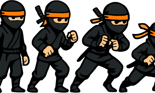 Different frames animation of full body of a ninja character, black color outfit, head bondage orange, have sword behind it. HD colors.
In-Game asset.  2d.  High contrast.  No shadows
