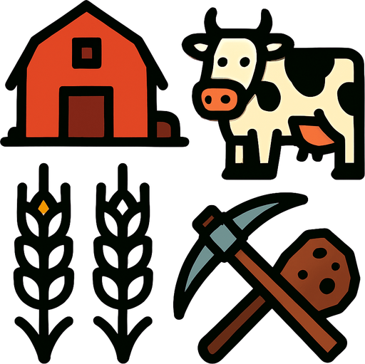 My farm, wheat, cow, ore, pickaxe. Starting screen style.
In-Game asset.  2d.  High contrast.  No shadows