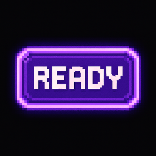 A pixel art button with the word "READY" written in bold, retro pixel font. The button is rectangular with slightly rounded corners, styled in purple and violet tones with a soft glowing border to match a lo-fi rhythm game's aesthetic. The "READY" text is centered, white or light-colored for contrast, with pixel-perfect sharpness. The button has a slightly raised 3D appearance and no background (transparent). Designed for use in a minimalist, neon-themed rhythm game UI..
In-Game asset.  2d.  High contrast.  No shadows