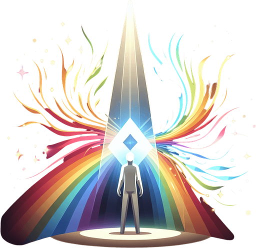 A classic prism shape refracting a beam of white light into a rainbow spectrum. Could also be a figure surrounded by a swirling aura containing all the skill colors..
Single Game Texture.  In-Game asset.  2d.  Blank background.  High contrast.  No shadows