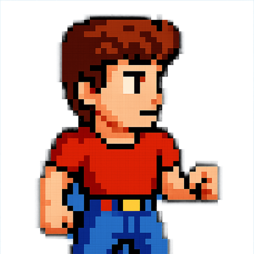 A human character, player from an arcade retro game, looking like in the 80s 90s, hair, male, looking right, pixel style.
In-Game asset.  2d.  High contrast.  No shadows