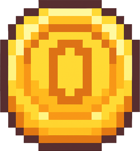 A pixelated coin.
In-Game asset.  2d.  High contrast.  No shadows