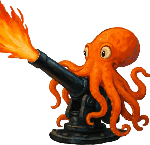 un pulpo naranja frenetico disparandole a buques de guerras encima de un cañon negro.
que se vea el fondo del cielo y el mar pero que no este enojado sino calmado