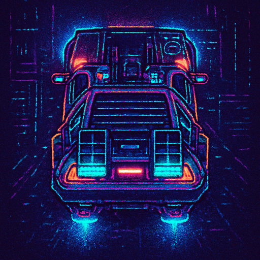 DeLorean hover car, seen from behind
Neon-lit, cyberpunk city aesthetic. Glowing accents and retro-futuristic mods. Top-down view, GTA2 style. Single Game Texture. In-game asset. 2D pixel art. Transparent background. High contrast. No shadows. Isometric perspective. Synthwave vibe with flickering lights and digital noise textures.