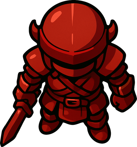 Guerrero vestido de cuero color rojo.
In-Game asset.  2d.  High contrast.  No shadows. Vista superior. Lineless. Chibi